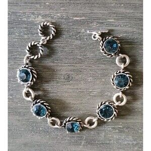 Blue Large Rhinestone Silver Tone Adjustable Chain Link Bracelet